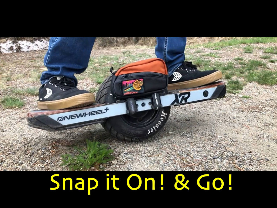 Onewheel accessories pack snaps onto side of onewheel xr and rider rides away
